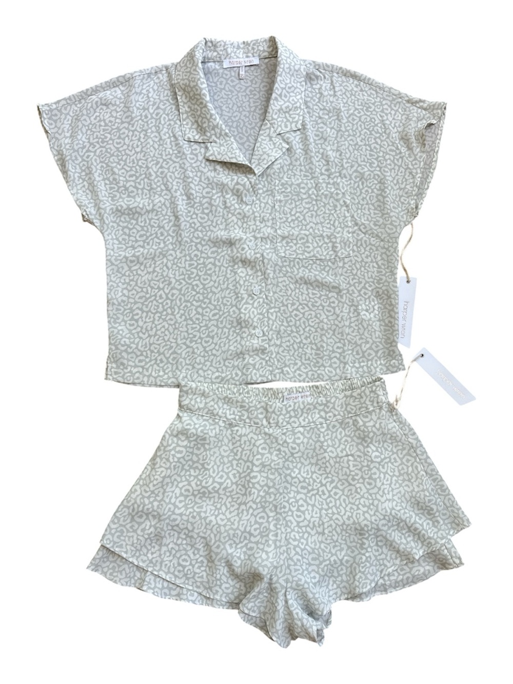 Harper Wren White Leopard Print Lounge Sleep Set Pajama Shorts 2-Piece XS NWT